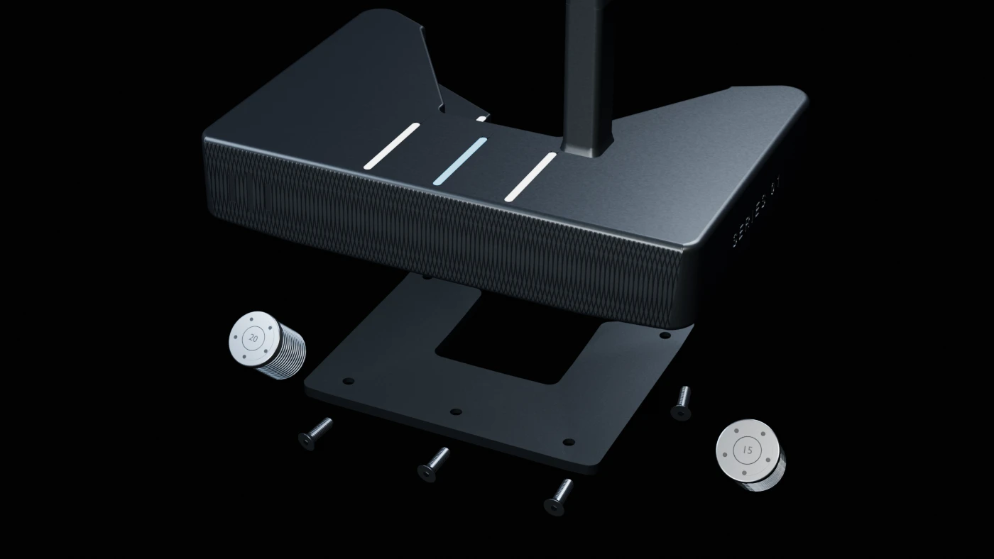 Series 01 aluminum body, sole plate and perimeter weights in an exploded CAD view